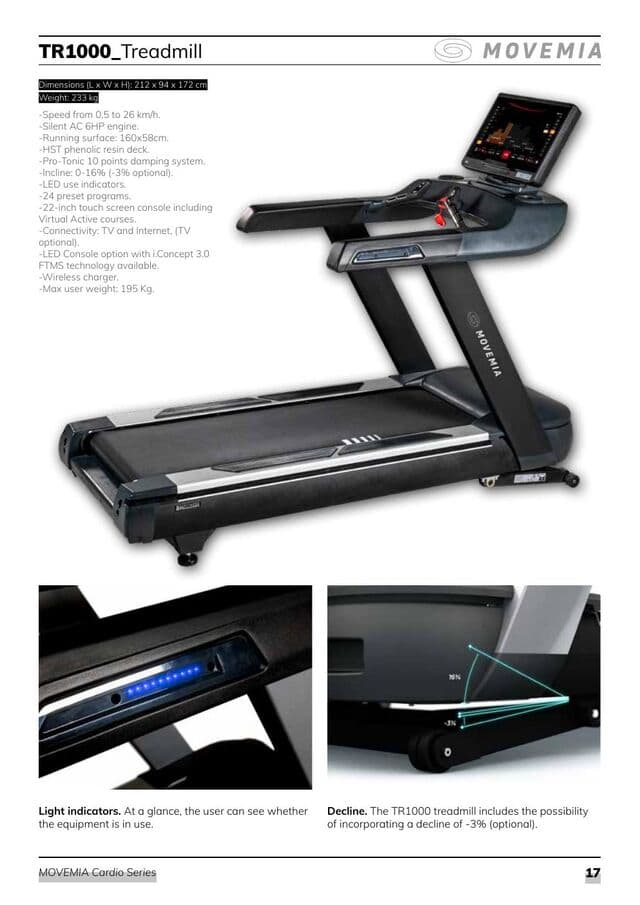 BH Fitness Movemia TR1000 treadmill specification page from the 2026 catalogue