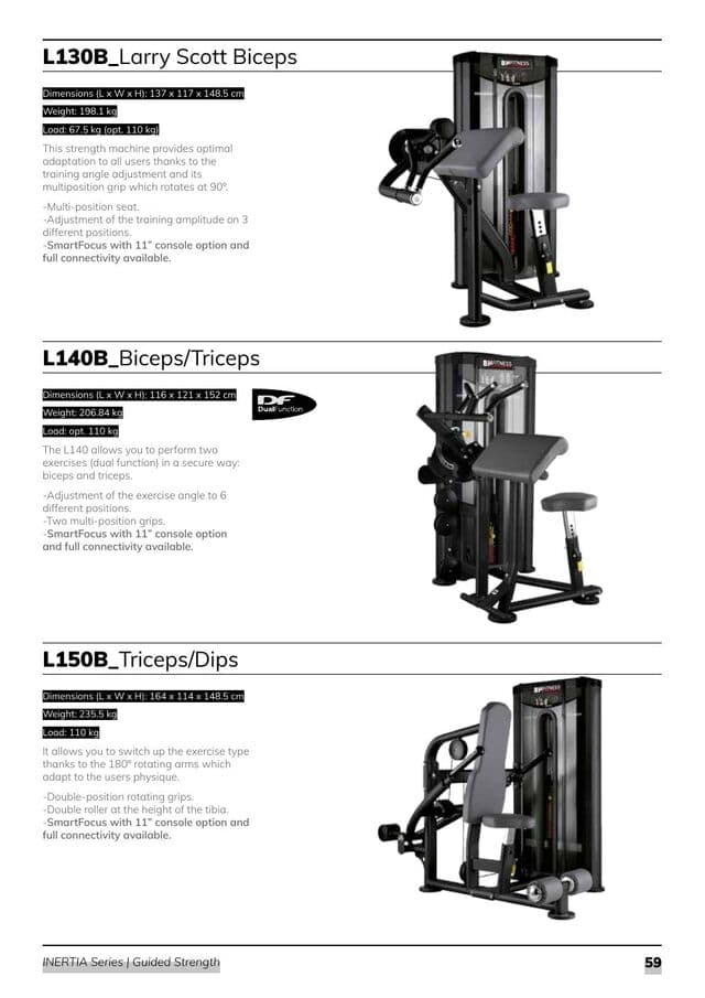 BH Fitness Inertia guided strength machines specification page from the 2026 catalogue